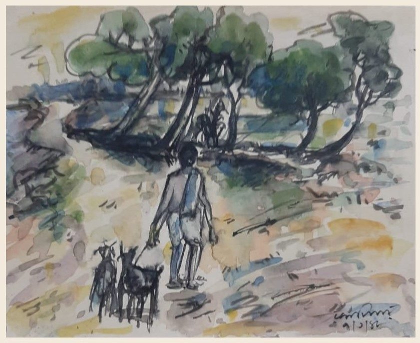 Untitled – Watercolour by Ramkinkar Baij (10 x 9 in, Landscape)