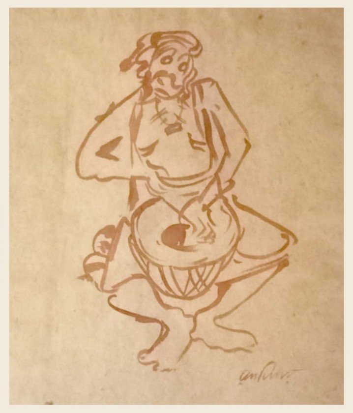 Untitled – Watercolour by Ramkinkar Baij (Man Playing Dhol)