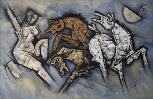 M F Husain Lady with the Horses 1987 oil painting on canvas showing a female fgure with stylized horses