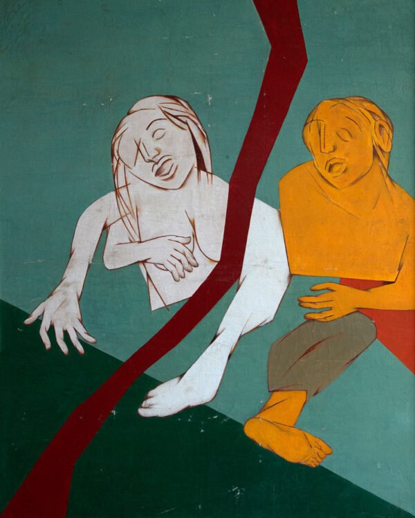 Tyeb Mehta figurative oil painting 1985 – man and woman in modern Indian art style