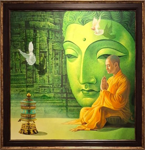 Praying Monk – Oil on Canvas by Swapan Roy 1 Monk Praying Near Buddha
